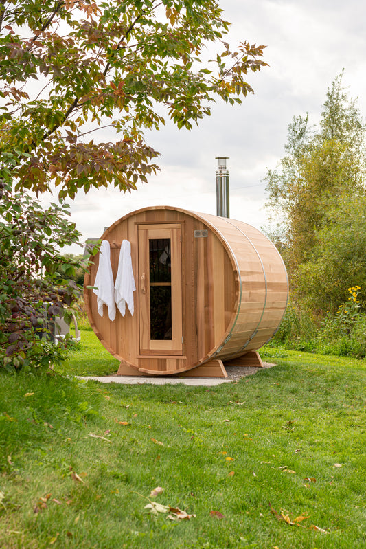 Essential Amber Sauna – Knotty Cedar Barrel (2–4 Person)