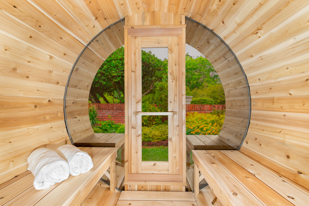 Aurora Barrel Sauna – Knotty Cedar with Porch (2–4 Person) | Signature Line