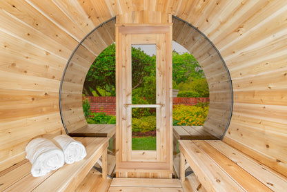 Aurora Barrel Sauna – Knotty Cedar with Porch (2–4 Person) | Signature Line