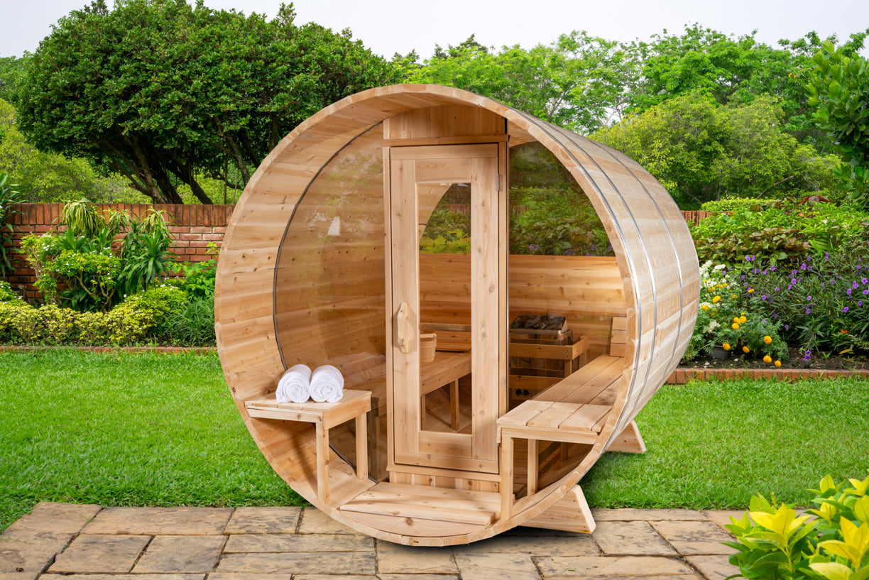 Aurora Barrel Sauna – Knotty Cedar with Porch (2–4 Person) | Signature Line