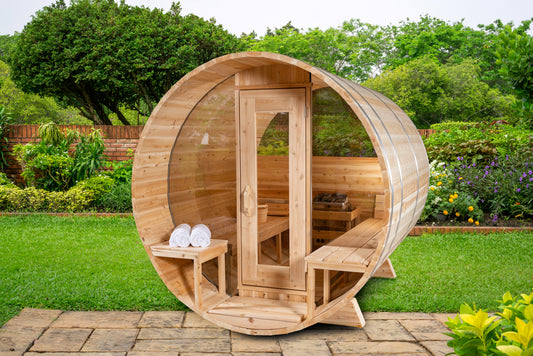 Aurora Barrel Sauna – Knotty Cedar with Porch (2–4 Person) | Signature Line