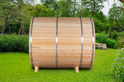 Aurora Barrel Sauna – Knotty Cedar with Porch (2–4 Person) | Signature Line