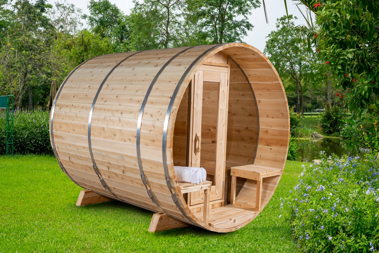 Aurora Barrel Sauna – Knotty Cedar with Porch (2–4 Person) | Signature Line