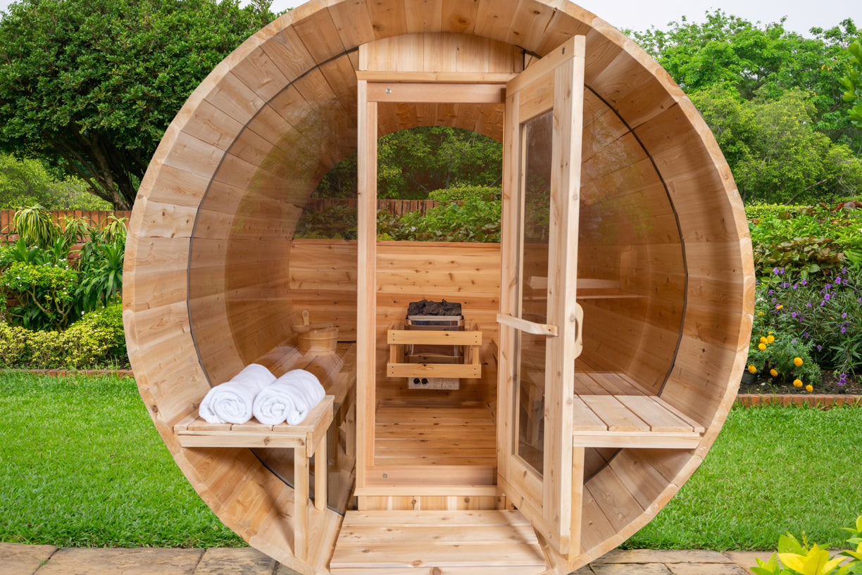 Aurora Barrel Sauna – Knotty Cedar with Porch (2–4 Person) | Signature Line