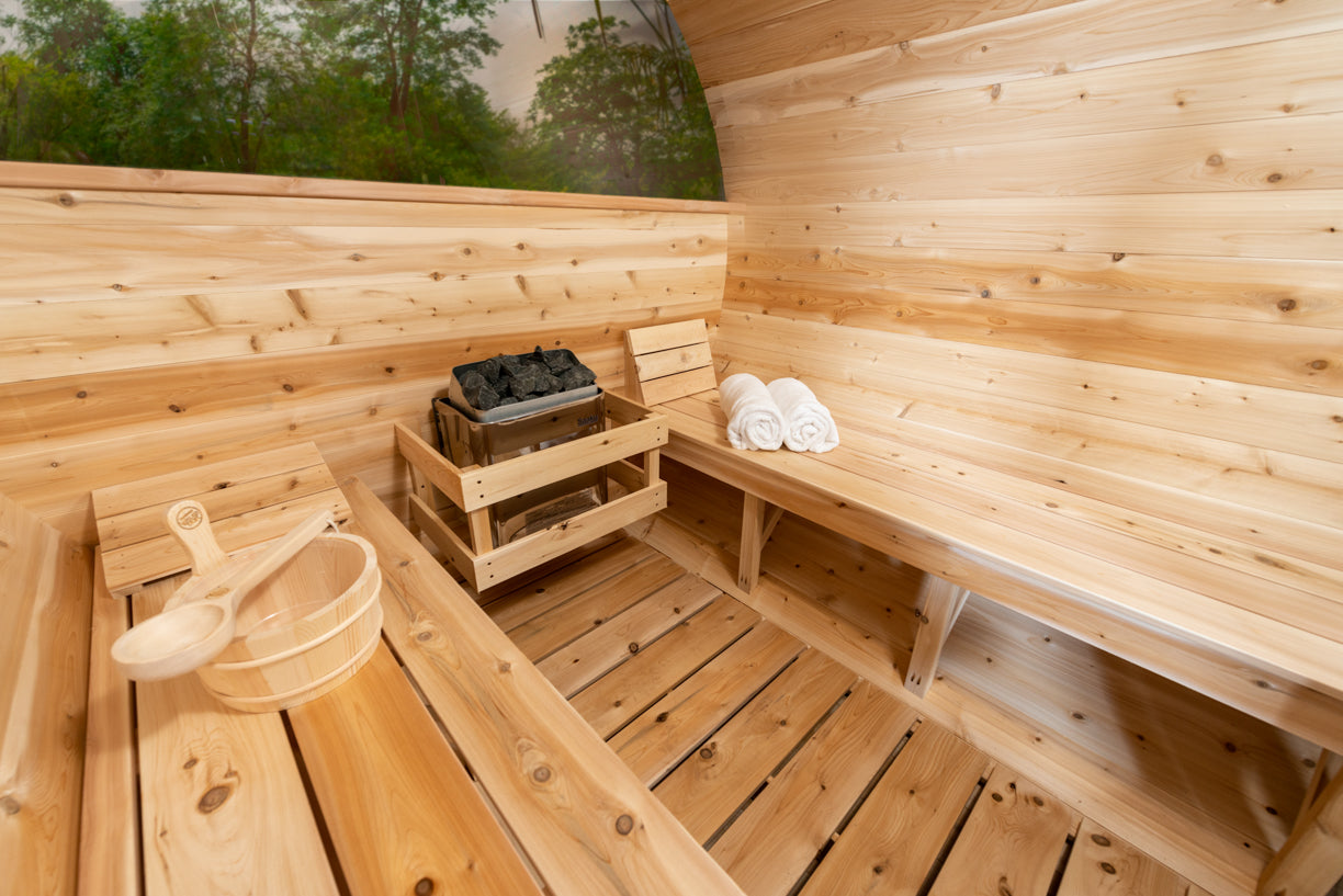 Aurora Barrel Sauna – Knotty Cedar with Porch (2–4 Person) | Signature Line
