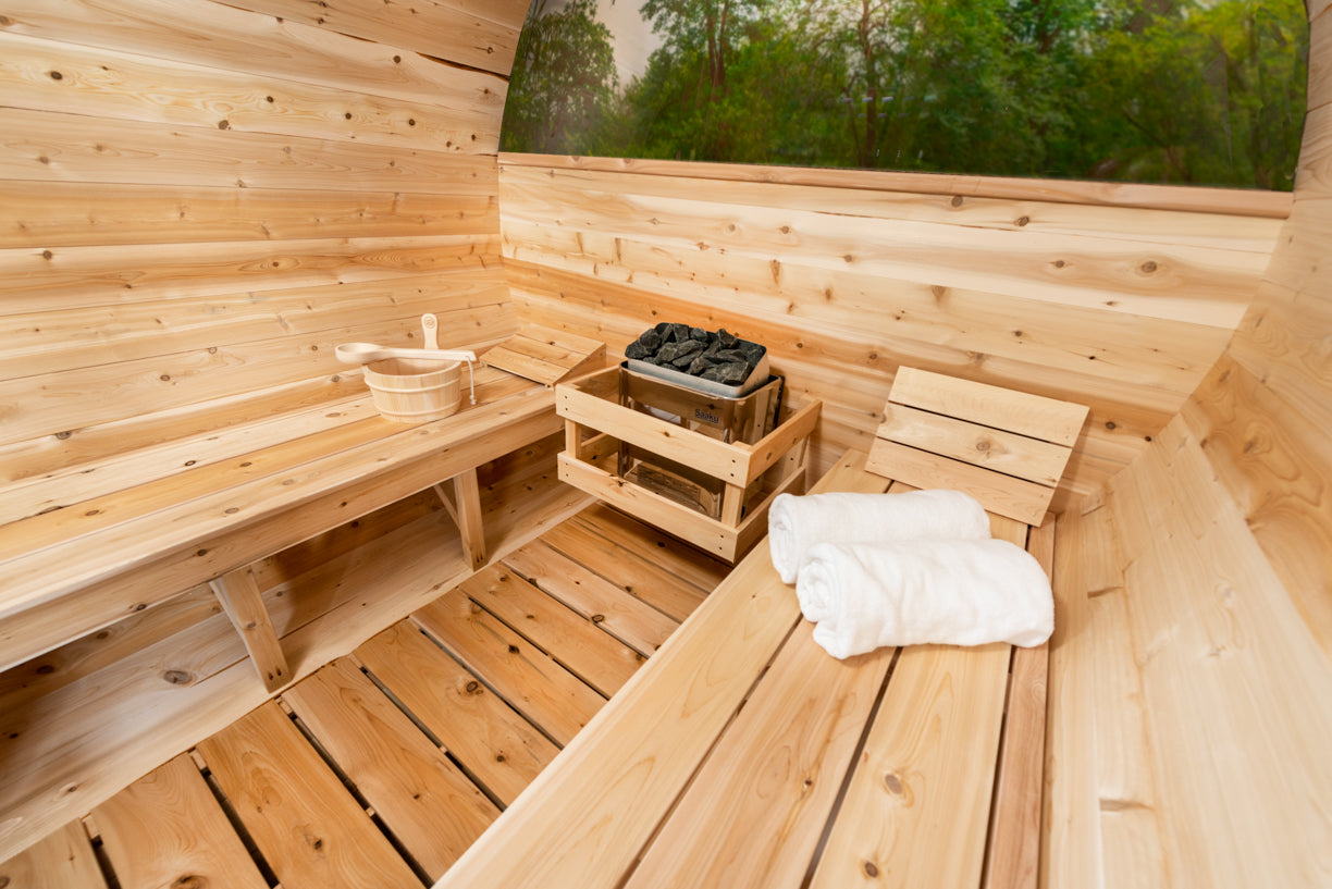 Aurora Barrel Sauna – Knotty Cedar with Porch (2–4 Person) | Signature Line